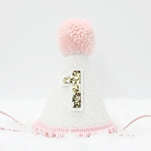 First Birthday Hat/ 1st Birthday Hat/ Babys First Birthday/ First Birthday Outfit/ White and Pink Birthday Hat/ White Birthday Hat/ Girl Hat
