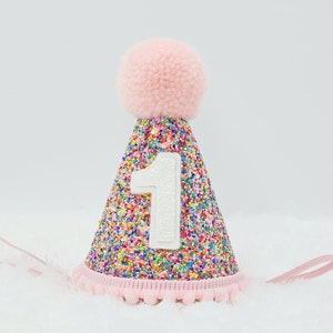 Sprinkles Birthday Hat/ First Birthday Hat/ 1st Birthday Hat/ Sprinkles and BABY PINK Hat/ Soft Pink Cake smash outfit/ Birthday Girl Outfit