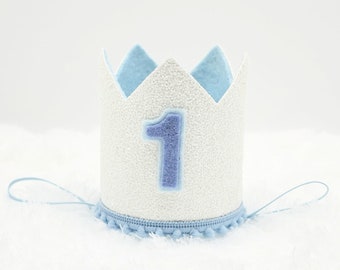 First Birthday Crown: White Glitter, Baby Blue Pom Trim