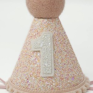 May include: A pink and white glitter party hat with a white felt pom-pom on top and a white felt number "1" on the front. The hat is 4 inches tall with a 3 inch diameter. "Petite Style Hat" is written in pink at the top of the image.