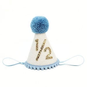 1/2 Birthday Hat/ Half  Birthday Hat/ Half Birthday Boy/ Half Birthday Outfit/ White + Baby Blue + Gold/ White & Baby Blue + Yarn Pom Top