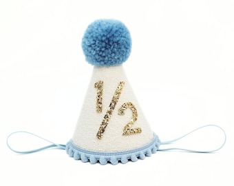 1/2 Birthday Hat/ Half  Birthday Hat/ Half Birthday Boy/ Half Birthday Outfit/ White + Baby Blue + Gold/ White & Baby Blue + Yarn Pom Top