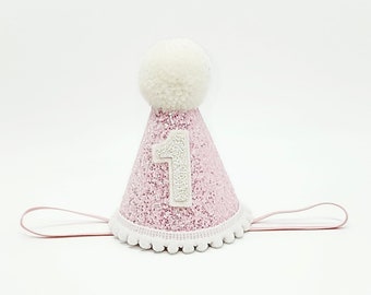 Crystal Pink Glitter First Birthday Hat with Pom