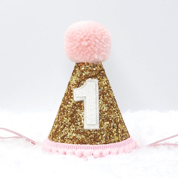 First Birthday Hat/ 1st Birthday Hat/ Baby's First Birthday/ First Birthday Outfit/ Gold and Pink Birthday Hat/ Gold Birthday Hat/ Baby Girl