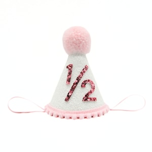 Half Birthday Hat/ 1/2 Birthday Hat For Baby/ Half Birthday Girl Outfit/ Half Birthday Party Hat for Baby/ White & Baby Pink + Yarn Pom Top