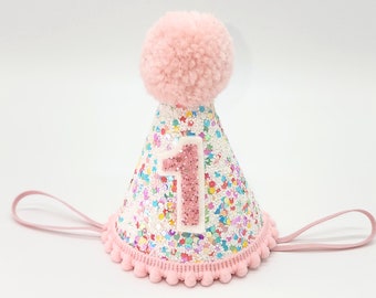 Sombrero de confeti / Sombrero de chispas de azúcar / Sombrero de confeti de azúcar / Dulce cumpleaños / Blanco + Pastel de chispas rosas / Traje de primer cumpleaños