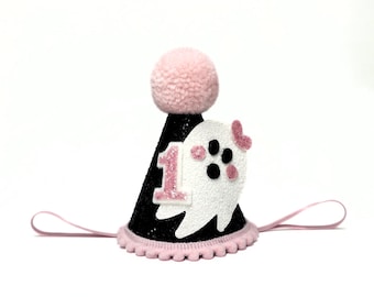 Spooky One Birthday Hat: Schwarzer Glitzer, Pinker Geist, erster Geburtstag