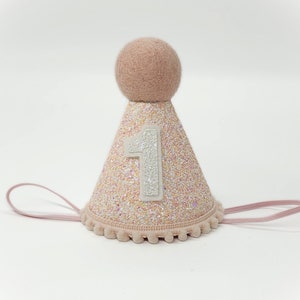 May include: Pink glitter party hat with a white felt number one and a pink elastic band.