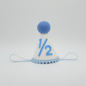 1/2 Birthday Hat/ Half  Birthday Hat/ Half Birthday Boy/ Half Birthday Outfit/ White and Baby Blue/ White & Baby Blue + Wool Pom Top