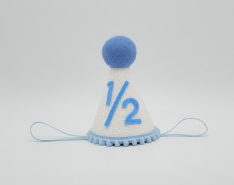 1/2 Birthday Hat/ Half  Birthday Hat/ Half Birthday Boy/ Half Birthday Outfit/ White and Baby Blue/ White & Baby Blue + Wool Pom Top