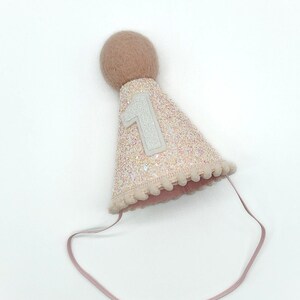 May include: A pink felt party hat with a white felt number one and a pink pom-pom on top. The hat has a pink elastic band.