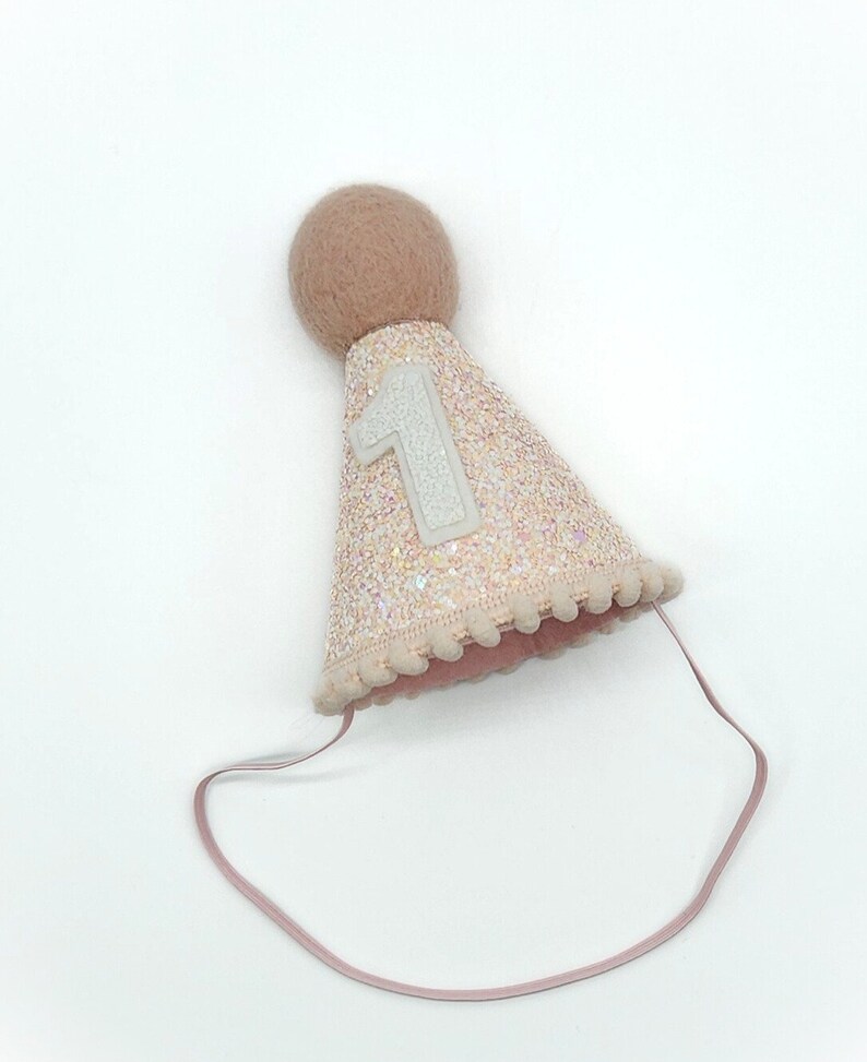 May include: A pink felt party hat with a white felt number one and a pink pom-pom on top. The hat has a pink elastic band.