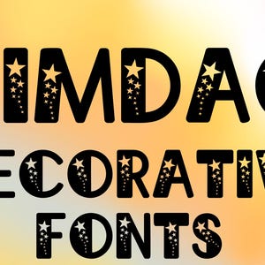 May include: Black decorative font set with star accents. The word "PIMDAO" is at the top, "DECORATIVE" in the middle, and "FONTS" at the bottom. Each letter has a star and a trail of stars.
