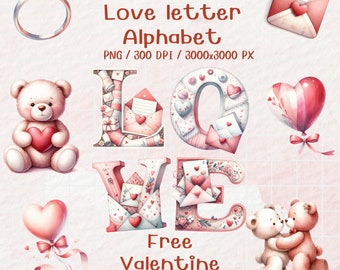 Love letter Alphabet Clipart, Valentine's Day Alphabet Watercolor, Alphabet Love Letters, Valentine's Day ABC, Digital Download Alphabet