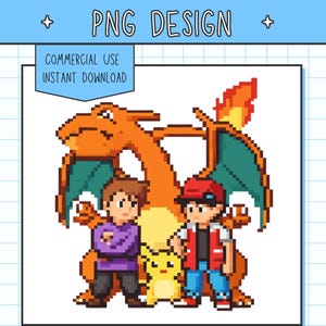 May include: Pixelated digital art featuring a large orange dragon with green wings, two human figures, and a yellow creature. The image includes the text "PNG DESIGN" and "COMMERCIAL USE INSTANT DOWNLOAD".