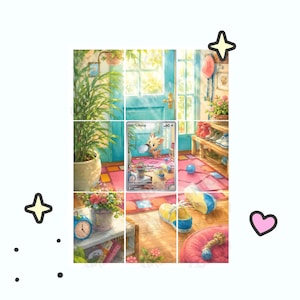 May include: A rectangular trading card featuring a central illustration of a small tan puppy-like creature named Lillipup with 60 HP. The artwork depicts a sunlit room with a blue door, a potted plant, a pink rug, yellow and blue sneakers, and a clock.