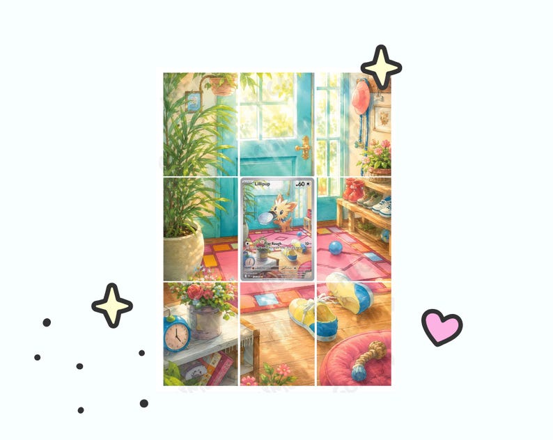 May include: A rectangular trading card featuring a central illustration of a small tan puppy-like creature named Lillipup with 60 HP. The artwork depicts a sunlit room with a blue door, a potted plant, a pink rug, yellow and blue sneakers, and a clock.
