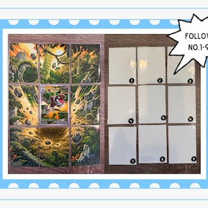 May include: A collection of nine trading card sleeves arranged in a three-by-three grid. The left side displays a continuous jungle scene with a central dinosaur character card, while the right side features empty sleeves numbered one through nine.