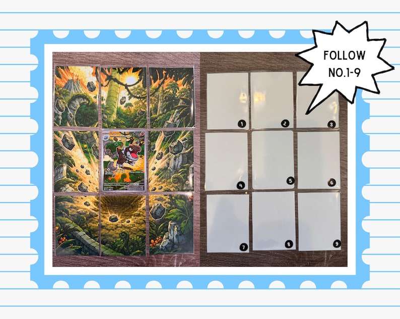 May include: A collection of nine trading card sleeves arranged in a three-by-three grid. The left side displays a continuous jungle scene with a central dinosaur character card, while the right side features empty sleeves numbered one through nine.