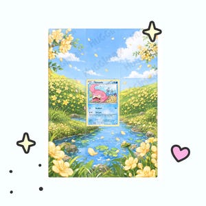 May include: A rectangular trading card binder page featuring a printed landscape illustration of a blue stream flowing through a grassy meadow with yellow flowers and trees under a blue sky, with a single Slowpoke trading card centered in the middle.