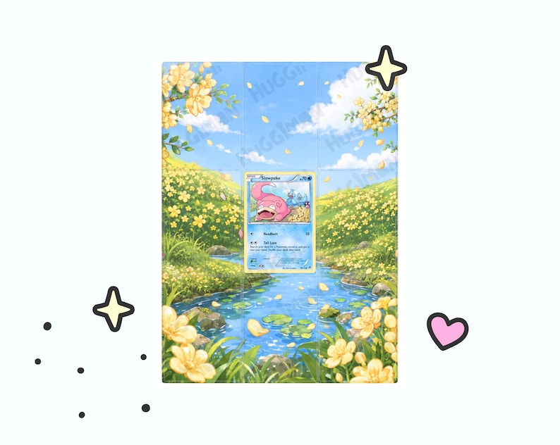 May include: A rectangular trading card binder page featuring a printed landscape illustration of a blue stream flowing through a grassy meadow with yellow flowers and trees under a blue sky, with a single Slowpoke trading card centered in the middle.