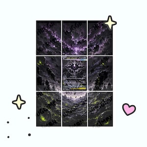 May include: A trading card featuring a dark, cosmic illustration with purple nebula clouds and jagged terrain, centered within a grid of nine panels. The card displays Japanese text and a central shadowy figure, surrounded by decorative star and heart icons.