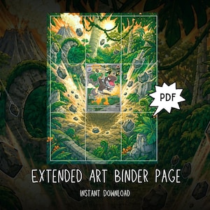 May include: An extended art binder page featuring a Tyrunt trading card centered within a vibrant jungle scene. The artwork depicts a volcanic landscape with floating rocks, lush green foliage, and a path. The text reads PDF and EXTENDED ART BINDER PAGE.