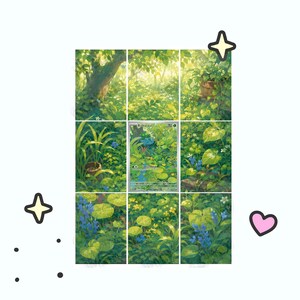 May include: A rectangular grid of nine panels displaying a lush, green forest scene with a central trading card featuring a Bulbasaur character. The artwork includes vibrant foliage, small blue and yellow flowers, and a large tree, accented by star and heart icons.