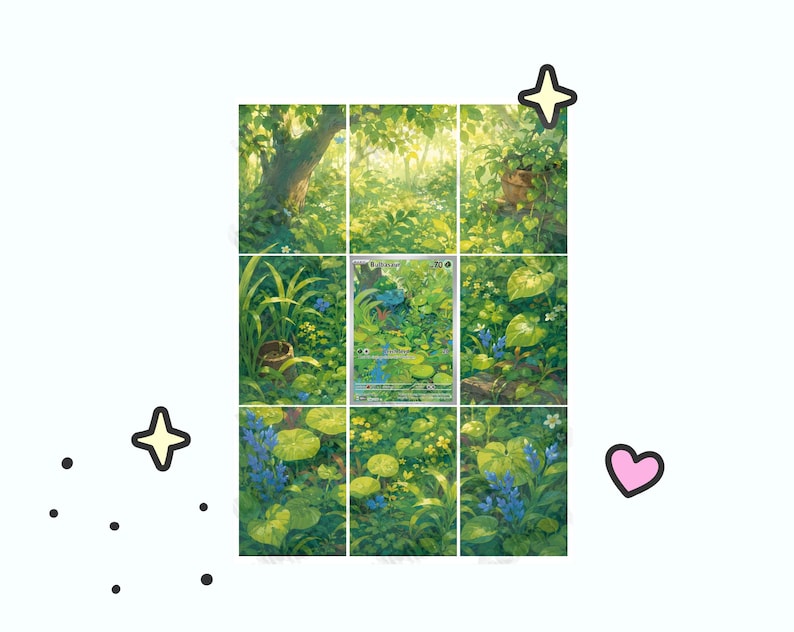 May include: A rectangular grid of nine panels displaying a lush, green forest scene with a central trading card featuring a Bulbasaur character. The artwork includes vibrant foliage, small blue and yellow flowers, and a large tree, accented by star and heart icons.