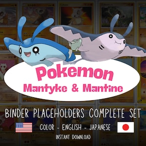 Könnte beinhalten: Eine digitale Grafik mit den blauen Mantyke und violetten Mantine Pokemon-Figuren über einem weißen Oval mit dem rosa Text Pokemon Mantyke & Mantine. Darunter steht der Text BINDER PLACEHOLDERS COMPLETE SET mit US- und Japan-Flaggen.