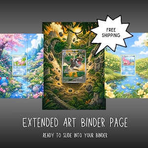 May include: Three extended art binder pages featuring colorful illustrated landscapes with Pokémon cards centered on each. The left shows a cherry blossom stream, the center a volcanic jungle, and the right a yellow flower meadow. Text reads EXTENDED ART BINDER PAGE.