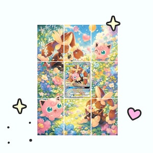 May include: A trading card featuring Lopunny and Jigglypuff centered over a grid-like illustration of the same characters in a colorful flower field. The card displays the text Lopunny & Jigglypuff-GX with 240 HP and the attack Fairy Smash-GX.