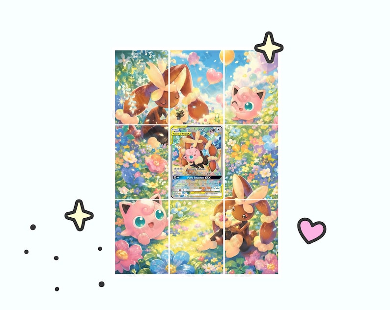 May include: A trading card featuring Lopunny and Jigglypuff centered over a grid-like illustration of the same characters in a colorful flower field. The card displays the text Lopunny & Jigglypuff-GX with 240 HP and the attack Fairy Smash-GX.