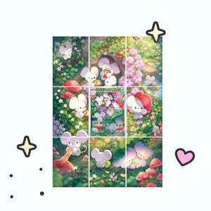 May include: A rectangular grid of nine panels displaying a digital illustration of small white mouse-like creatures in a lush forest setting with red mushrooms, green foliage, and pink flowers, featuring a central trading card with Japanese text.