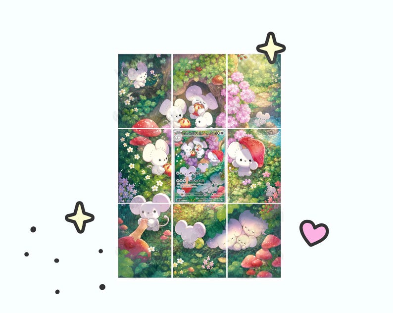 May include: A rectangular grid of nine panels displaying a digital illustration of small white mouse-like creatures in a lush forest setting with red mushrooms, green foliage, and pink flowers, featuring a central trading card with Japanese text.
