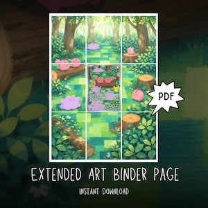 May include: An extended art binder page featuring a digital illustration of a forest scene with pink blob-like creatures, tree stumps, and logs. A central trading card is displayed with text and a yellow mouse character. The text reads PDF.