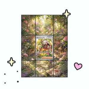 May include: A rectangular trading card titled AZ's Tranquility featuring an illustration of a person with long white hair sitting in a lush garden with pink and purple flowers, a watering can, and a teacup, surrounded by decorative stars and a heart.