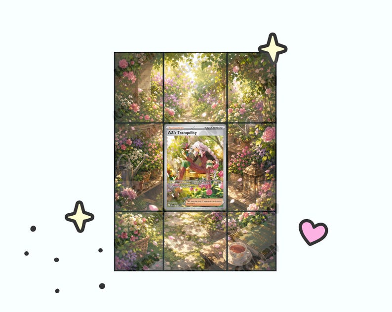 May include: A rectangular trading card titled AZ's Tranquility featuring an illustration of a person with long white hair sitting in a lush garden with pink and purple flowers, a watering can, and a teacup, surrounded by decorative stars and a heart.