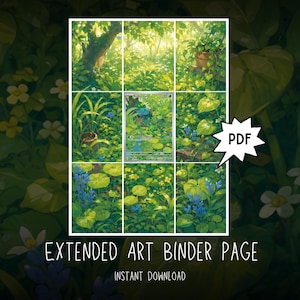 Peut inclure: Un fichier PDF numérique présentant une page de classeur avec une illustration étendue sur une grille de neuf panneaux. L'image montre une forêt luxuriante aux tons verts, remplie de plantes, de feuilles et de petites fleurs bleues et jaunes.