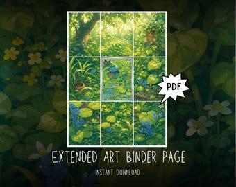 May include: A digital PDF file featuring an extended art binder page with a nine-panel grid display. The artwork depicts a lush, vibrant green forest scene filled with various plants, leaves, and small blue and yellow flowers, centered on a Bulbasaur card.