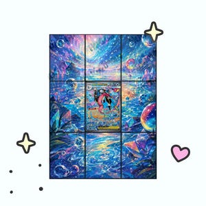 May include: A rectangular trading card featuring a vibrant, cosmic-themed illustration of a creature with blue and pink accents, set against a backdrop of swirling nebulae, glowing bubbles, and crystalline structures in shades of deep blue and purple.