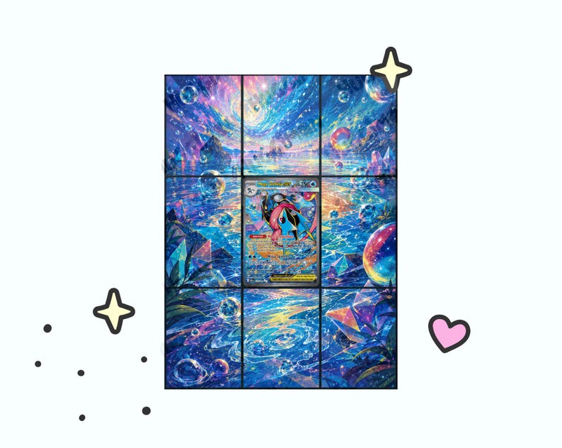 May include: A rectangular trading card featuring a vibrant, cosmic-themed illustration of a creature with blue and pink accents, set against a backdrop of swirling nebulae, glowing bubbles, and crystalline structures in shades of deep blue and purple.