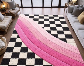 Alfombra moderna de cuadros rosas ondulados: alfombra de lana tejida a mano, estilo retro, alfombra de sala de estar a cuadros blancos y negros, tamaño 2x3