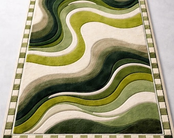 Green Wavy Abstract Rug, Modern Organic Shape Area Rug, Hand Tufted Wool Carpet, Contemporary Designer Rug for Living Room Size 6x9 Ft