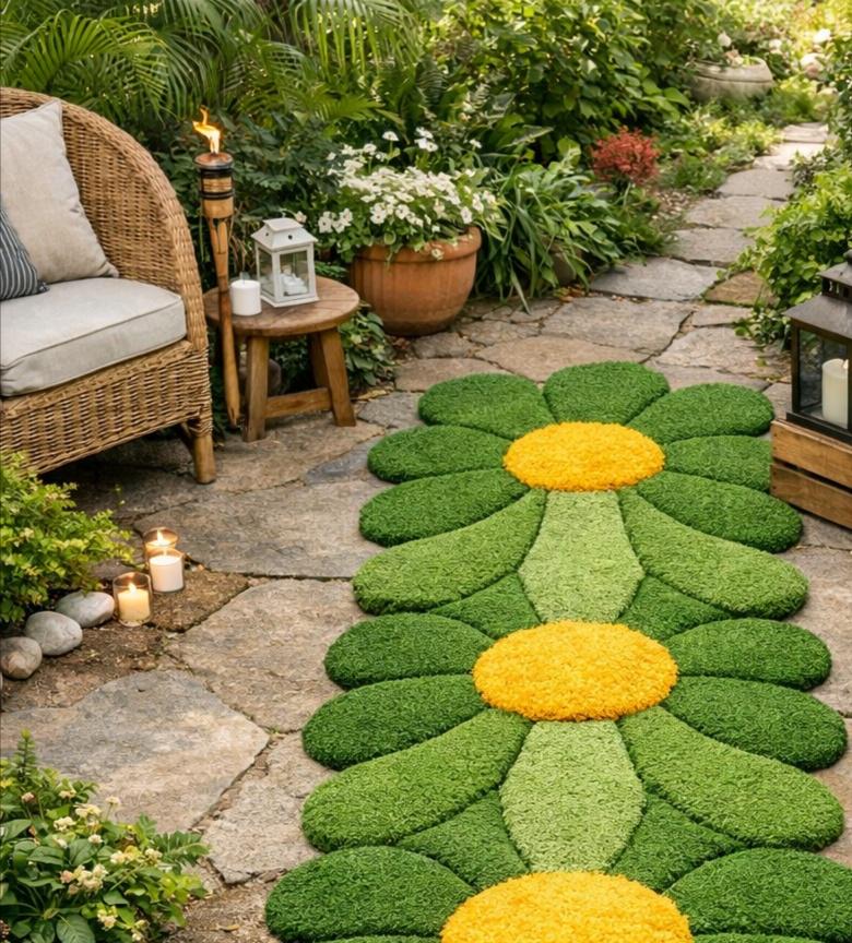 Plant Rug Green Daisy Flower Rug, Yellow Center Floral Rug, Handmade Tufted ...
