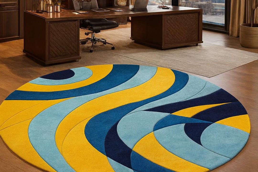 Modern Blue Yellow Round Rug, Abstract Swirl Area Rug, Handmade Tufted ...