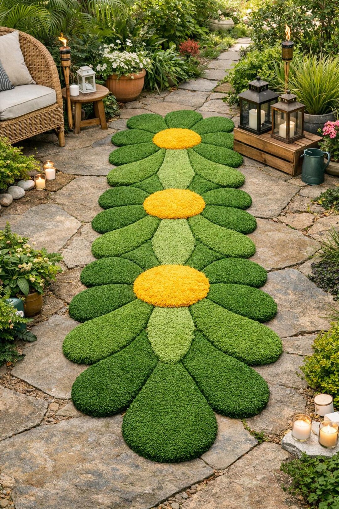 Plant Rug Green Daisy Flower Rug, Yellow Center Floral Rug, Handmade Tufted ...