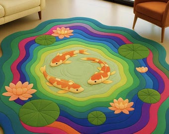 Hand-Tufted Koi Pond Rug : 3D Nature-Inspired Carpet With Lotus Flowers  & Green Layered Aesthetic Carpet Design For Living Room