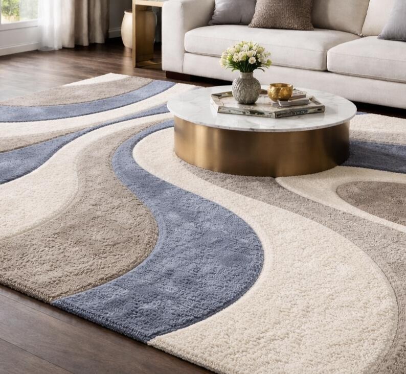 Modern Abstract Wave Area Rug, Blue Beige Neutral Carpet, Luxury Hand ...