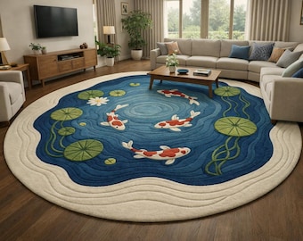 Round Koi Fish Pond Hand Tufted Wool Rug, Japanese Zen Lily Pad Carpet, Blue Art Rug Handmade Art Rug For Living Room Size 4×4